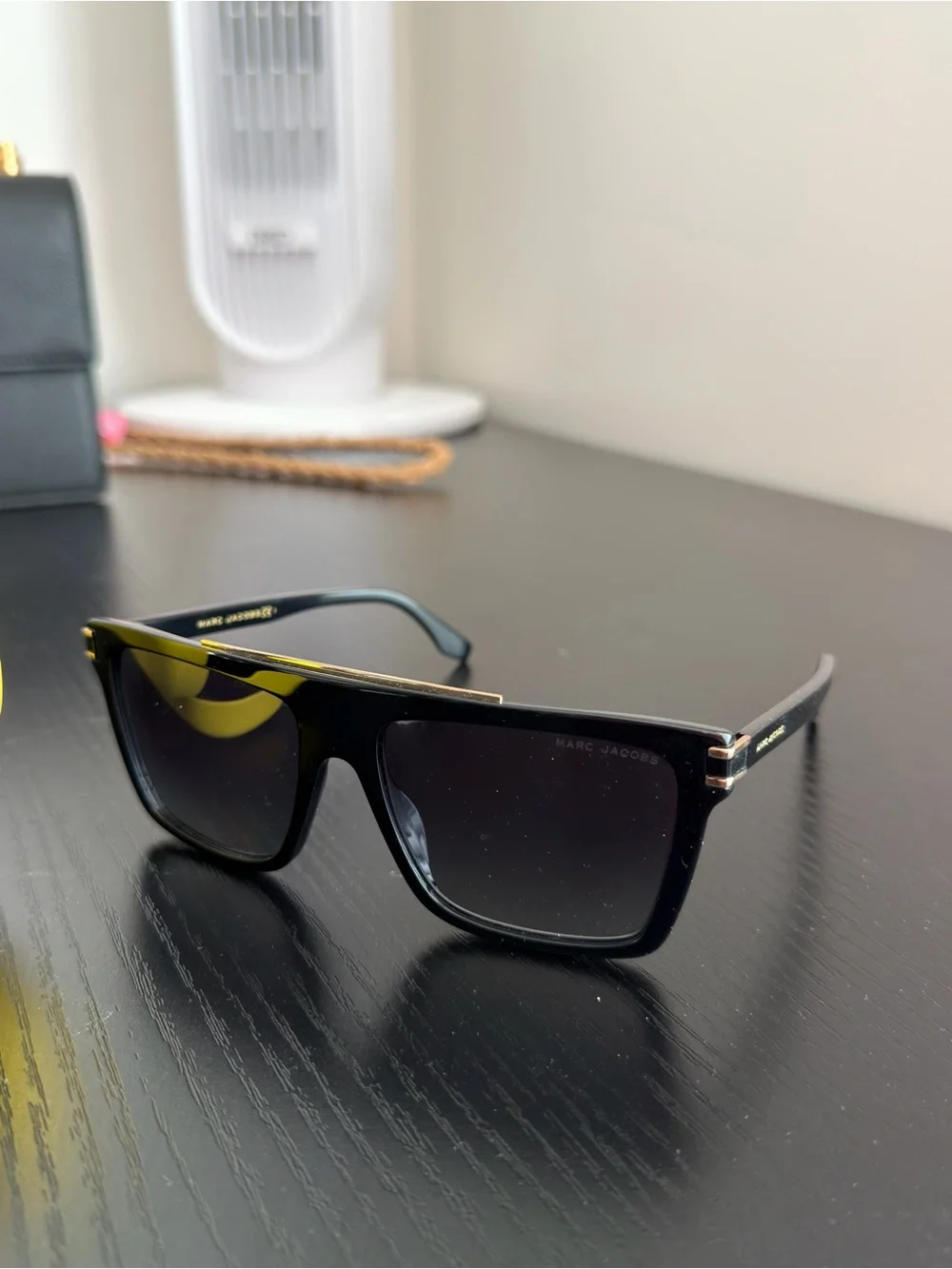 Marc Jacobs Black Gloss Oversized Square Sunglasses with Yellow Case